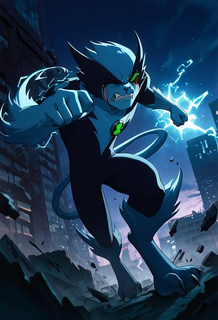 masterpiece, best quality, amazing quality, very aesthetic, absurdres, newest,, detailed background, 
fastrack, solo, blue skin, green eyes,  claws, green badge, fang,, feline tail,  wide jaw, masculine, blue chest, digitigrade legs,
angry, destroyed city, electric punch, incoming punch, one eye closed, bleeding from eye, bleeding from nose, night city, movie scene, cinematic, foreground blur, angry, rage, clenched teeth, electricity,
