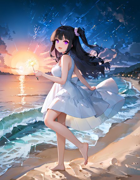 score_9_up, score_9, score_8_up, score_7_up, rating_explicit, perfect quality,high quality,masterpiece,best quality,amazing quality,very aesthetic,Cinematic Lighting,newest,Tactical use of shadow,
1girl,solo,long hair,black hair,hair between eyes,ahoge,purple eyes,AyanoKimishima Cyql,
sparkler, outdoors, fireworks, barefoot, dress, scenery, sky, smile, night, white dress, ocean, open mouth, standing, beach, cloud, holding fireworks, looking at viewer, water, standing on one leg, horizon, one side up, from side, :d, blush, night sky, sleeveless dress, city lights, multicololens flare, sleeveless, blurry, bokeh, sundress, shore, holding, bare shoulders, full body, bare arms, depth of field, sunset, scrunchie, breasts, mountainous horizon, mountain, cloudy sky,  waves, blurry background,  star (sky), blue sky, sand,  leg up, sun, looking to the side, lights, reflection, walking, moon, bare legs, floating hair,
<lora:ponyv4_noob1_2_adamW-000017:0.7>,<lora:spo_sdxl_10ep_4k-data_lora_webui:0.6>,<lora:USNR STYLE_XL_lokr:0.45>,<lora:illustrious_all_rated_v1:0.7>,<lora:96YOTTEA-WAI:0.8>,<lora:Ayano Kimishima_Illustrious by Cyql:1>,