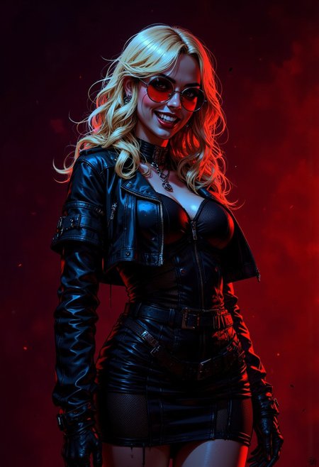 petite, human vampire, fangs, mesh dress, leather jacket, vampire fangs, long wavy blonde hair, round red mirrored sunglasses, evil, seductive, punk, powerful, night time, darkness, dim light, choker, dark make up, beautiful face, simple background, red background, noir style high contrast two color lighting, neon red directional light, blue contrast light, <lora:FluxF4ngs:0.6> fangs, evil grin