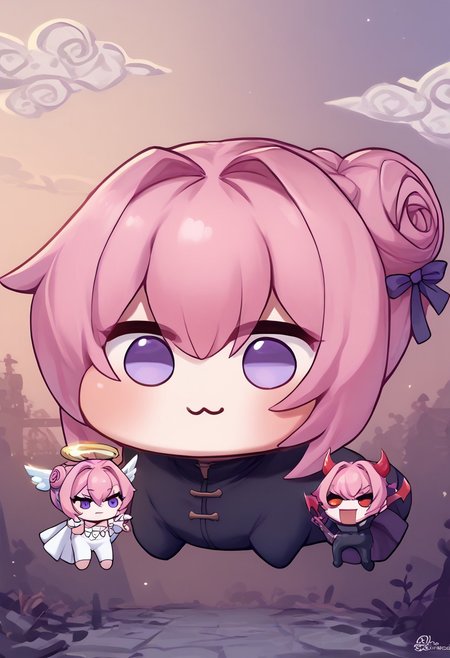 zPDXL2, score_9_up, score_8_up, score_7_up, (Anime_source), high detail face, best quality, absurd res, doros, creatures, :3, chibi, pink hair, purple eyes, hair bun, hair bow, no humans, white skin, solid, circle eyes, no pupils, four legs, (angel and devil, shoulder demon, shoulder angel, size difference, multiple persona, mini person)