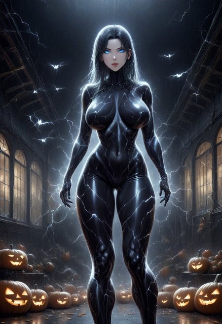 sexy female, milf, score_9, score_8_up, score_7_up, score_6_up, score_5_up, score_4_up, UHD, 8K, masterpiece, detailed, ultra_high_resolution, lots of detail, OverallDetailXL, detailxl, regalres, Masterpiece, 32k, photorealistic:1.4, score_9, score_8_up, score_7_up, Caitlin, HANDS BEHIND THE HEAD, HANDS HIDDEN, small waist, fitness body, toned muscles, wide hips, slender legs, high cheekbones, oval face, 32 years old, mature female, milf,  makeup, curvy, large breasts, pretty face, SUPERMODEL, HUGE BREASTS,  jewelry, labcoat, solo, lillybunz, skin tone style, realistic skin, only illuminated by the setting sun, golden glow, sunset, large window,colorful autumn trees outside, indoors, decorated atrium, school, school hall, many different Halloween decorations, These decorations are at least , jack-o'-lantern, pumpkin lantern, spiderweb, skull, devil head, skeleton, ghosts, large fake spider, bat, bats, supermodel, seductive smile, sultry, serious stare, stern look, close-up, bend forward, natural skin, long hair, massive breasts, sexy posture, belt, white skirt, short skirt, blue eyes, blue sash, decorations, horror scene, horror scene, dark, glowing eyes, mad-lgthng, lightning.