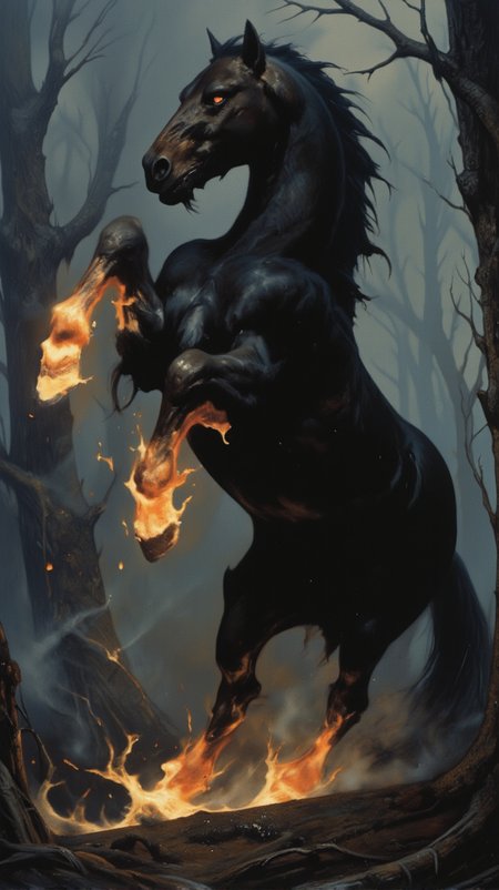 A hyper-realistic close-up of a nightmare horse in a powerful, rearing stance, its front hooves raised high, kicking through the air with intensity. The horseâs sleek, jet-black coat gleams in the faint light, and its long, dark mane flows wildly with the movement. Its fiery red eyes burn with fierce determination, adding to the creature's menacing aura. Surrounding its hooves, roaring flames wrap around all four legs, especially erupting as its front hooves tear through the air, sending embers and sparks scattering. The flames glow intensely, lighting up the surrounding mist and casting dynamic, flickering shadows across the dark forest. The horse's muscles ripple with energy and power as it strikes an imposing figure, with the fire and motion making the scene feel both chaotic and controlled. The overall composition draws the viewer's eye to the sharp contrast between the dark, sleek form of the horse and the blazing fire that engulfs its hooves, emphasizing the sense of movement and danger.
<lora:dark_fantasy_flux:0.7> <lora:detailed:0.6> <lora:sxz-Dark-Fantasy-v2-Flux:0.7> <lora:frazetta_flux_v2:0.6> <lora:Dark_Landscapes:0.6> <lora:ILLUSTRATION_2_FLUX:0.6>