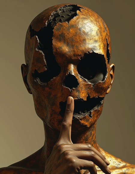 This sculpture masterfully combines elements of surrealism and realism to convey a sense of silence, secrecy, and introspection. The fragmented head, aged texture, and subtle lighting all work together to create a mysterious, thought-provoking piece that invites contemplation about the nature of speech, identity, and the unspoken. The warm earthy tones and weathered finish add to the timeless quality of the artwork.