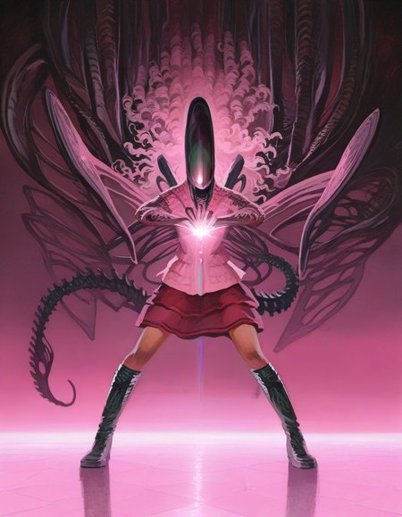 masterpiece, best quality, absurdres, highres, general, 1other, solo, xenomorph, magical-xenomorph, pink-theme, curly-hair, skirt, knee-boots, henshin-pose, nazaruk