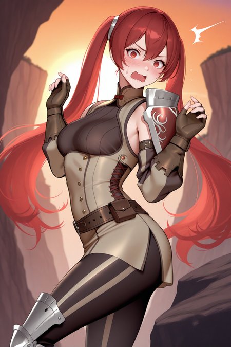 masterpiece, best quality, 1girl, solo, <lora:fesevera-illu-nvwls-v1-000006:1> serabase, red hair, twintails, very long hair, hair between eyes, red eyes, light brown dress, short dress, black sweater, sleeveless dress, detached sleeves, light brown sleeves, brown belt, fingerless gloves, brown gloves, single pauldron, black leggings, striped leggings, armored boots, open mouth, shocked, wavy mouth, hands up, embarrassed, sweatdrop, sunset, looking at viewer, from side, cliff