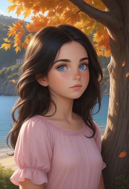 (photorealism:1.5)
child female princess, young child princess, thoughtful expression, gazing at the majestic tree, falling leaves,  calm coastal village in the background, warm sunlight, vibrant colors, high contrast, hyper-realistic, serene atmosphere, pensive pose, detailed, high-definition, reflective mood, peaceful setting,  long black hair, blue eyes, young face, 
slight freckles, long eyelashes, thick eyebrows, cute princess  dress,  pink dress,