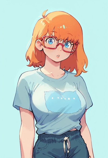 score_9, score_8_up, score_7_up, score_6_up, source_cartoon, 1girl, solo, 
 sexy hips, shiny skin, 
ritacolo, thin  glasses, short orange hair, blue eyes, light freckles, pudgy, huge breasts, loose light blue t-shirt, shorts, looking at viewer, furrowed brow, parted lips
 upper body, close up, blank background