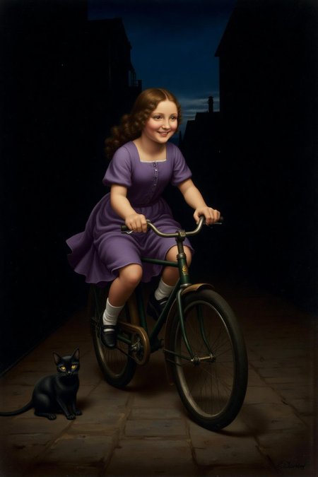 davinci1 painting.
 A school girl riding a old style bicycle through a narrow, quiet street at night. The happy woman wears a simple, flowing purple dress. In the corner, a small black cat with piercing eyes sits watching her quietly. The mood is tranquil and slightly magical.  <lora:davinci1_cap_d6a3e12:1.0><lora:852109233557094900:0>
