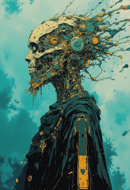 style of James C. Christensen， Ethereal minimalist Alien race cybergoth fashion photography painting, in the style of teal and gold, use of palette knives, waist-high portrait, intricate, sharp_focus, concept_art, background zentangle fog,