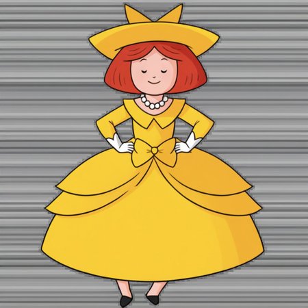 1girl, solo, Madeline, yellow hat with a black hair bow, white gloves, red hair, smile, full body, princess make up, Very long large floor length wide straight yellow tulle long sleeved ball gown hoop skirt, ball gown hoop skirt, yellow princess dress, hoopdress, white pearl necklace, long elbow length princess gloves, my big princess gypsy wedding dress, ballgown, a girl in a dress posing like a princess for a picture, looking at viewer, pretty eyes, she is posing, hands on hips, closed mouth, closed eyes,