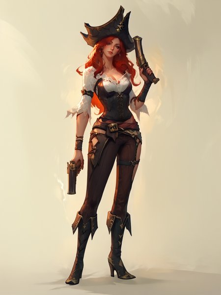 score_9, score_8_up, score_7_up, MissFortuneNormal, 1girl, red long hair, solo, black corset, white shirt, pants, white bracers, pistols, boots, hat, wodeipoi <lora:MFNormal:1> <lora:wodeipoi:1>