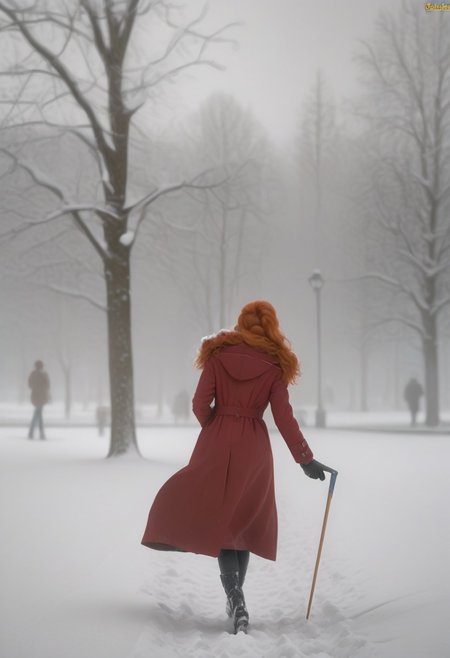 em5588, best illustration, illustration, masterpiece, best quality, ultra-detailed, photo of beautiful woman ,seductive, red hair.coat  ,in the park,   Winter, snow  ,  masterpiece) (best quality) (detailed) (8k) (HDR) (wallpaper) (cinematic lighting) (sharp focus) (intricate) footpin, sex from behind