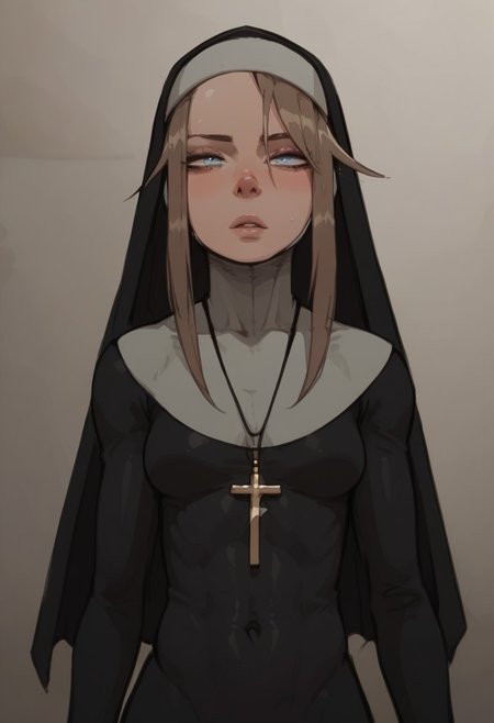 score_9, score_8_up, score_7_up,toned body,perky breasts,shiny skin,elegant woman,perky breasts,Gardie, brown hair, blue eyes, habit, nun , nun dress, cross necklace,in a sports gym