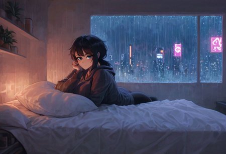 score_9,score_8_up,score_7_up,score_6_up, 1girl, 
 sitting in bed next to a large window, holding coffee cup, steaming coffee cup on windowsill, wearing croptop hoodie, black croptop hoodie, long hair, black hair, low ponytail hairstyle, pov from outside, view from putside the window looking into the room, looking out window, head resting on pillow laying on the bed, hoodie, plants on the windowsill, looking out the window, looking at viewer, background is the bedroom, tidy bedrrom, small room, cramped bedroom, teddies on the bed,, wearing legging, see through thights, black tights, cyberpunk city view out of the window, raining outside, heavy rain outside, neon light, purple neon lights, cat on the bed, pet cat in the room, pet cat sleeping on the bed