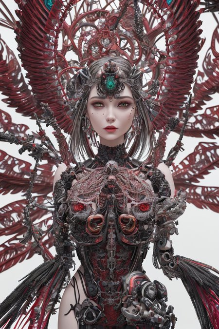 complex 3d render ultra detailed beautiful death angel, biomechanical cyborg, analog 150 mm lens, beautiful natural soft rim light, crystal feathers, roots, fine foliage lace, colorful details, Boris Bidjan Saberi outfit, pearl earrings, piercing, art nouveau fashion embroidered, intricate details, mesh wire, mandelbrot fractal, facial muscles, cable wires, microchip, badass, hyper realistic, ultra detailed, octane render, volumetric lighting, 8k post-production, red and white with a bit of black, detailled metalic bones, semi human, iridescent colors, Glenn Brown style, futuristic room, power of the god, high-angle shot, complex body poses