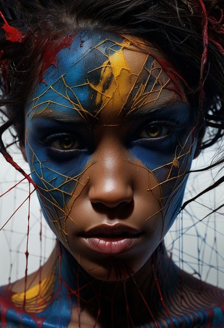 Close-up face, mysterious silhouette of an exotic coloured girl in worn down clothing, bloody war-paint over eyes only, goddess, alluring, by Minjae Lee, Carne Griffiths, Emily Kell, Steve McCurry, Geoffroy Thoorens, Aaron Horkey, Jordan Grimmer, Greg Rutkowski, amazing depth, double exposure, surreal, geometric patterns, intricately detailed, bokeh,  perfect balanced, deep fine borders, artistic photorealism , smooth,  great masterwork by Suiras  <lora:add-detail-xl:2>  <lora:Double_Exposure:0.5>