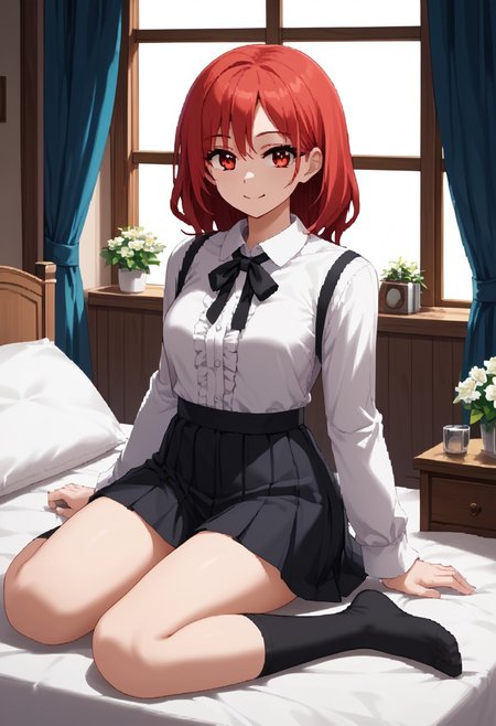 score_9,score_8_up,score_7_up,source_anime,5_figner,2d_animation,game cg,BREKE,1girl,solo,
gimmick girl,
white shirt,long sleeves,black ribbon,collared shirt,ribbon,suspender skirt,black kneehighs socks,front view,smile,
bad,pillow,room,window,curtain,
masterpiece,best qualit,ultra-detailed,illustration,an extremely delicate and beautiful,beautiful detailed eyes,unity 8k wallpaper,high resolution,anime CG,official_art,