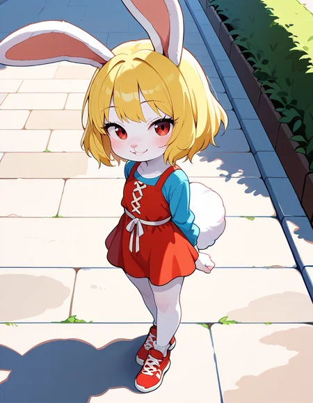 masterpiece, best quality, very aesthetic, absurdres,
outdoors, dressed shadow \(meme\), 
full body, casual, 
seductive smile, parted lips, long eyelashes,
 <lora:Carrot_v01_NAIXL-000011:1>
Ca3307,1girl,solo,furry,furry female,rabbit girl,short hair,blonde hair,rabbit ears,red eyes,animal nose,body fur,white fur,rabbit tail,