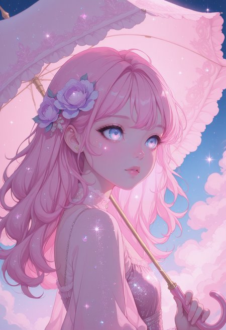 solo, young woman, flowing pink hair, small stars in hair, glitter, lace dress, pastel blue, lilac hues, pastel pink parasol, twinkling eyes, pink glitter, gold glitter, starlit sky masterpiece, best quality, amazing quality, newest, <lora:PinkieSoftcoreAnimeIL:1>, pinksoftcoreanime,