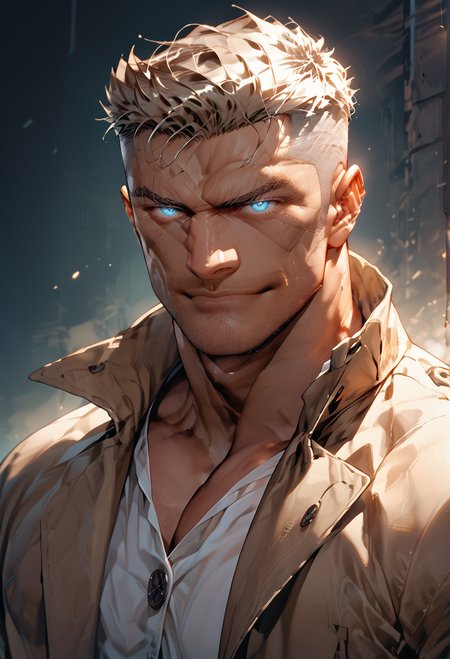 score_9, score_8_up, score_7_up, score_6_up, score_5_up, score_4_up, zPDXL3, 1boy, james461, frontal view, solo, western comic style, bara, handsome, muscular, heavily built, chiseled, dashing smirk, close up, headshot, portrait,  very short crew cut hair, glowing eyes, high collar trench coat, white button up shirt unbuttoned, light blue eyes, shaved sides, (medium blond hair):1.5, light stubble, light freckles, thick neck, muscular, lineart, flat color, masculine,looking at viewer, dark theme, low light, <lora:MGS_V2_Pony:0.3>  <lora:Bara_Niji_Style_for_Pony:0.55> <lora:James-461-000006:0.8>