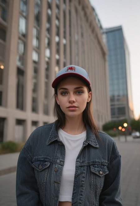 30yo woman posing for pic in front of tall building.
Blue eyes. perfecteyes 
Wearing ripped Denim jacket red trucker hat
no makeup. Clear skin.  realistic skin style
Long dark black slick back hair. No makeup. Dusk, Street light. Looking at camera POV. Slight smile, tilting head.. Tilt head.
Medium Close Up shot. Bokeh. Bokeh light.