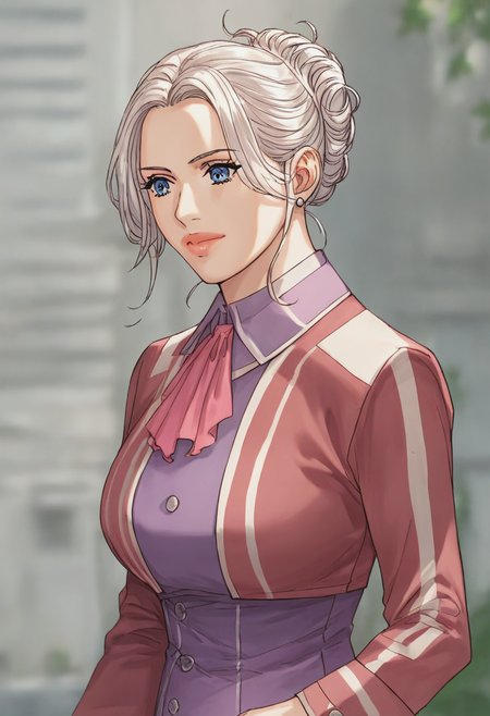 source_anime, score_9, score_8_up, score_7_up, 1girl, mature_female, solo, Walking with exaggerated arm swings, dutch angle, (Magenta Bustier), white hair, upper body, rating_safe, <lora:sdxl\pony diffusion\artist_styles\tohru_nishimaki_pony:1.0>