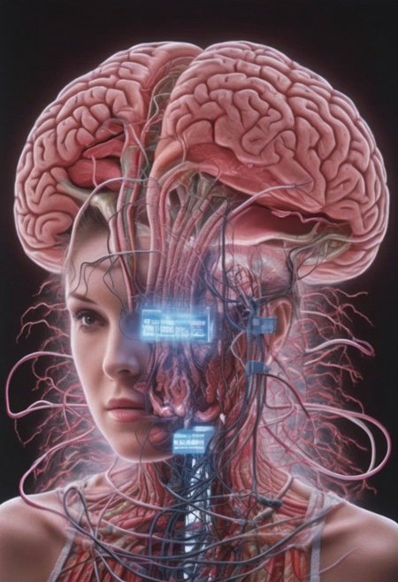 crt style tvs sets multiple human brains emerging from woman glowing massive amounts of intestines and cables woven together inside multiple modern television sets in technology warehouse