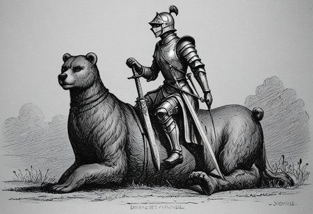 llbreton,monochrome,greyscale,traditional media,a knight holding a sword and riding a bear