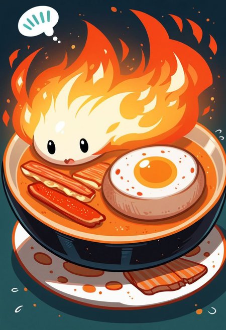 core_9, score_8_up, score_7_up, ultra detailed, Excellent quality, high resolution, close view, 1girl, > <, bacon, cooking, elemental (creature), fiery hair, fire, fire elemental, flying sweatdrops, food, food focus, fried egg, frying pan, full body, help, lying under pan, on stomach, open mouth, seal impression, solo
