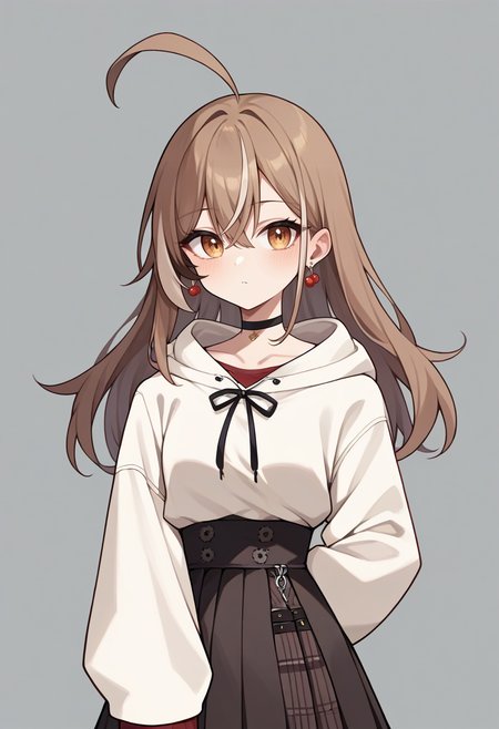 score_9,score_8_up,score_7_up,score_6_up,score_5_up,score_4_up,
1girl, nanashi mumei, long hair, ahoge, black choker, oversized beige hoodie, sleeves past wrists, plaid skirt,pleated skirt, high-waist brown skirt, cherry earrings, red shirt,
simple background, grey background, solo, looking at viewer,
<lora:mumeiponyxl1:1>