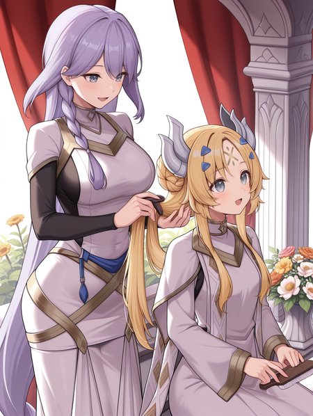 2girls, flower, smile, open mouth, holding brush, large breasts, pillar, brushing hair, adjusting another's hair, looking at another, red curtains, holding another's hair, dogmatika fleurdelis, white dress, white capelet, black bodystocking, dogmatika ecclesia the virtuous, gold forehead mark, white scarf, blue hairclip, silver hair ornament, white long dress,
masterpiece,best quality,amazing quality,very aesthetic,absurdres,newest,<lora:Dogmatika Fleurdelis & Ecclesia the Virtuous illuXL v1:0.75>,