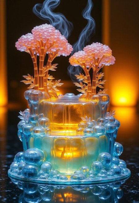 A vibrant, glass statue of an onsen, meticulously crafted with stunning details. The translucent glass captures the essence of a traditional Japanese hot spring, with steam rising from the water, beautifully refracted through the multicolored glass. The intricate design includes delicate etchings of rocks, bamboo, and flowing water, all in varying shades of blue, green, and amber, creating a shimmering effect. The surface of the glass glows softly, reflecting light in a myriad of colors, giving the statue an ethereal, almost magical appearance. The scene is bathed in warm, golden light, with subtle reflections and highlights accentuating the intricate carvings and textures. The overall effect is both realistic and surreal, as though the onsen has been frozen in a moment of tranquility within the glass, radiating serenity and beauty.