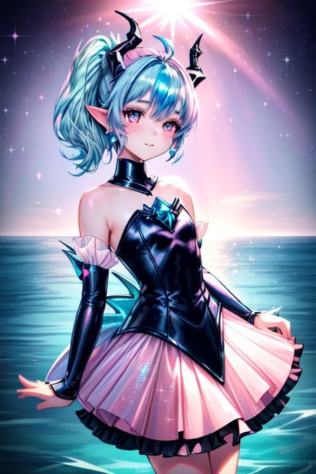 professional image of a cute young woman, (frilly elegant glossy dark holographic dress, crescent brooch, crescent earrings, crescent accessories:1.2),
(blue water dragon horns, blue water dragon tail:1.3), (short hair, side ponytail, hair above cheeks, light blue hair with light pink hairtips, gradient hair, multicolored hair:1.4), red eyes, (small breasts, cute face, innocent, shy, pointy ears:1.1), (sparkles, sparkling clothes, sparkles near eyes:1.3),
(intricate aquatic background, underwater, sparkling water, ocean floor, corral reef, bubbles:1.2), 
(ultra wide angle shot, cinematic style, absurdres, incredibly absurdres, huge filesize, extremely detailed, High quality texture, physically-based rendering, Ray tracing, octane render, sharp focus, (8k), (4k), (Masterpiece), (Best Quality), extremely detailed, intricate, hyper detailed, illustration, soft lighting, high resolution, sharp detail,)