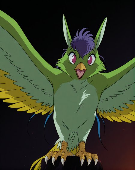 masterpiece, best quality, amazing quality, very aesthetic, absurdres, newest, volumetric lighting, directional lighting, vector art, lineart, vector graphics, detailed background,  solo,feral, murugu, bird, gradient background, full body ,  cute, open mouth, sexy scared  expression, perched front view, spread wings,  <lora:Murugu_Bird_XL IL:1><lora:Anime_Screencap:1> anime coloring