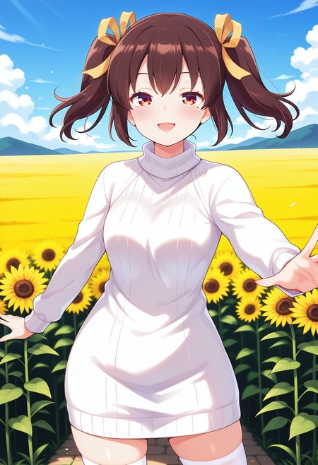 1girl, solo, (field:1.2), (blue sky:1.2), looking at viewer, smile, open mouth, 
nakano_chisame,  (mole under eye:0.5), red eyes, brown hair, twintails, hair ribbon, yellow ribbon, sweater dress, ribbed sweater, white sweater, turtleneck, long sleeves, white thighhighs, zettai ryouiki, <lora:nakano_chisame_illustrious_ver1:0.8>, masterpiece, best quality, general,, (cowboy shot, dynamic pose:1.4),
