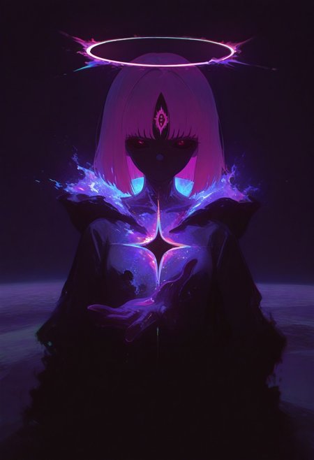 masterpiece,best quality, amazing quality, ((Mars background, on Mars, chromatic aberration, bright galaxy, raytrace)), ((Chiaroscuro Lighting Style, dramatic lighting, drastic contrast)), absurdres, Classical Chinese Brush and Ink,  1space spirit girl, purple rainbow skin, solo, whole body made of space flame, dark purple flame body, burning body, ((extremely bright nebula shockwave ring surrounding girl)), glowing third eye, eldritch third eye, hime cut, magenta hair, limited red palette, black sclera, black sclera eyes, rainbow explosion on fingertips, dynamic angles, perfect body,  perfect hand,  upper body