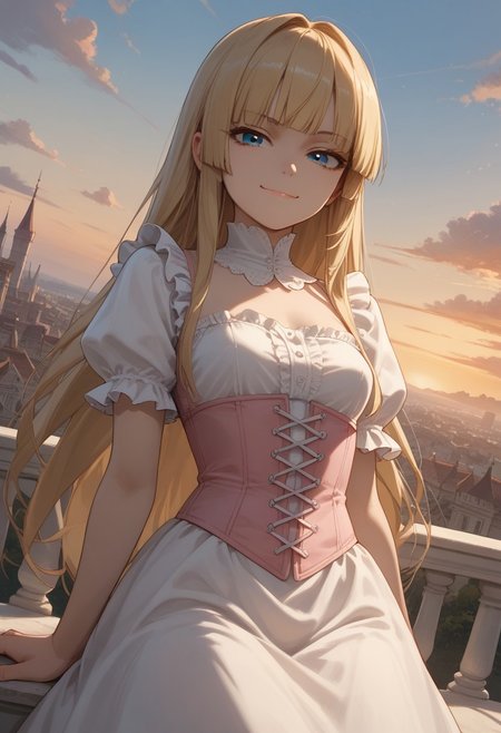 (score_9, score_8_up, score_7_up), 1girl, solo,( blonde hair), blue eyes, long hair, hime cut, long bangs, small breasts,  pink corset, frills, white dress, sunrise, 
(cowboy shot:1.2), rooftops, mansion, city,
fisheye, (relaxed, dutch angle:1.2), 
(smug:1.2), leaning back,
