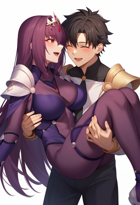 score_9,score_8_up,score_7_up,<lora:princess_carry_pony_pony:1>,1girl, 1boy, character: scathach (fate), character: fujimaru ritsuka (male), white background, simple background, carrying, smile, blush, open mouth, closed eyes, red eyes, purple eyes, hair between eyes, purple hair, long hair, black hair, short hair, very long hair, hair intakes, large breasts, breasts, thighs, bodysuit, purple bodysuit, chaldea uniform, shoulder armor, armor, pants, purple leotard, black pants, shirt, long sleeves, pauldrons, princess carry
