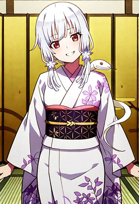 Smooth Quality - Illustrious, sfw,
anime, illustration, nadeko, red eyes,medium hair,white hair,snake hair,albino, 
<lora:NSFWFilter_illusXL_Incrs_v1:-1>
<lora:Snake_on_Shoulders:0.8> sn4k3, snake on shoulders, large snake, white snake,
1girl, solo, standing, cowboy shot, alluring pose, 
japanese clothes, white kimono, furisode, floral print, 
looking at viewer, head tilt, beautiful smile, grin,
golden folding screen, zabuton, tatami,