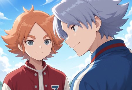 masterpiece,best quality,amazing quality, source_anime, 
2boys, brothers, smile, 
FubukiAtsuya, 1boy, male focus, grey eyes, orange hair, letterman jacket, red jacket, BREAK
fubukishirou, 1boy, male focus, grey hair, parted bangs, grey eyes, letterman jacket, blue jacket, BREAK
outdoor, sky, day, clouds,