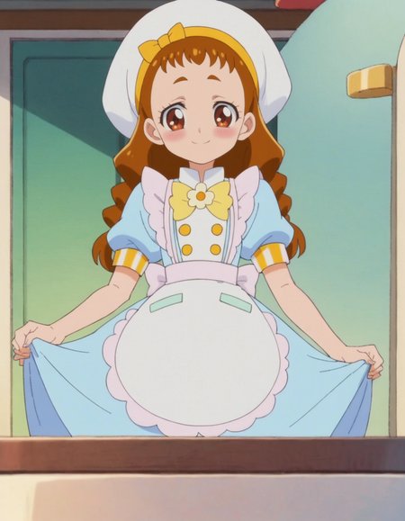 score_9, score_8_up, score_7_up, anime screencap, solo,1girl,arisugawahimari,  hat,smile,white apron, white headwear, skirt, bow,blue dress, puffy short sleeves,looking at viewer, cowboy shot,small breasts, blush,<lora:arisugawahimari:0.8>