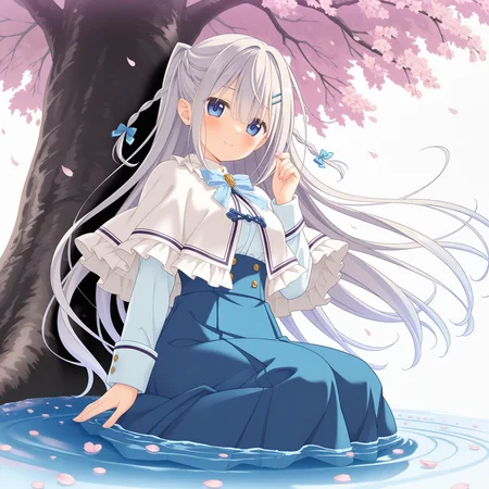 <lora:favorite_art_n16c16_nai_Loha-0000100:1.4>,favorite art,
<lora:Sakuragi_Mizuha_1_nai:0.7>,Sakuragi Mizuha,hairclip,two side up,twin braids,hair bow,blue bow,blue skirt,pleated skirt,long skirt,frills,frilled capelet,white capelet,long sleeves,white sleeves,
1girl,solo,smile,looking at viewer,wind,under tree,falling petals,cherry blossoms,floating hair,simple background,sitting on liquid,kneeling,pink flower,holding petal,arm at side,