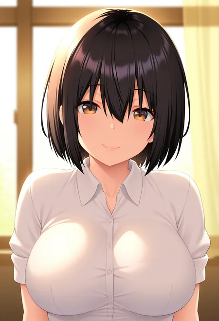 masterpiece, best quality, amazing quality, 1girl, solo, (portrait:1.2), kasumiww, brown eyes, black hair, short hair, bangs, hair between eyes, large breasts, school uniform, white collared shirt, short sleeves, looking at viewer, smile, indoors, skindentation, detailed clothing folds, depth of field, sharp, high contrast, dynamic light <lora:Ayase_Kasumi_Otosareta_Bishimai_ill:0.8>