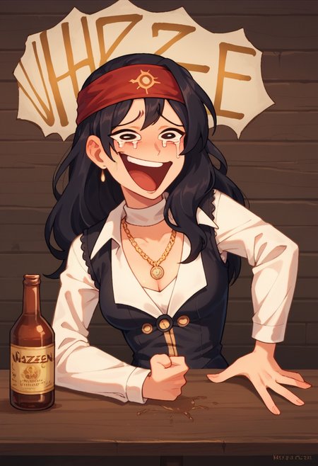 score_9, score_8_up, score_7_up, 1girl, solo, sulfs-patr2, black vest, white shirt, necklace, red pants, black hair, long hair, red headband, alcohol bottle,
<lora:Patty_Steelbeard_Character__Outfit_-_Risen_2_Dark_waters:0.8>,   <lora:Wheeze_XLPD:1> Wheeze, open mouth, laughing, hand on table, english text, clenched hand, tears