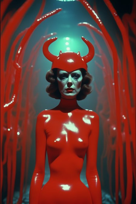 <lora:Director David Lynch style:1>Director David Lynch style - 1977 film still, horror movie, woman wearing a fantastical devil costume made of plastic in a hellscape, atmospheric, cinematic, style1977, full shot, ultra wide shot, low angle, soft lighting, strong colours, inspiredSuspiria