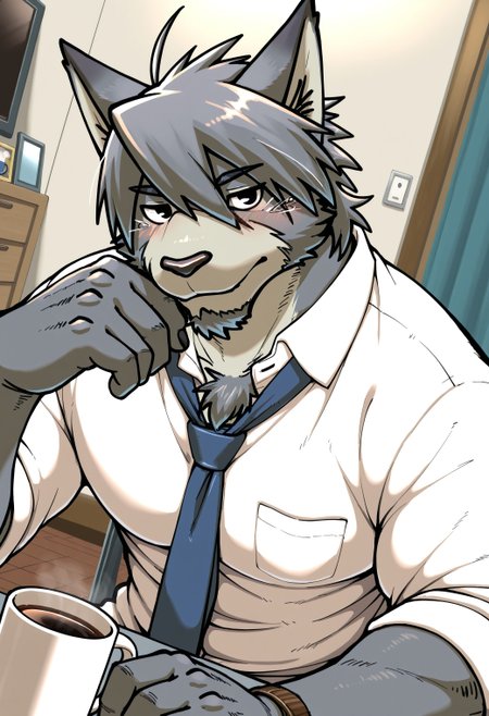 best quality, amazing quality, very aesthetic, absurdres, newest, mitsuhisa_aotsuki, morenatsu, solo, furry male, bara, facial hair, black eyes, grey body, two-tone fur, blue tie, white shirt, coffee mug, seductive, room, dutch angle, detailed background, <lora:Mitsuhisa_Aotsuki_Morenatsu_Illustrious:1>
