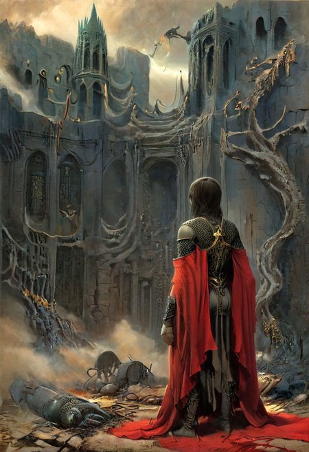 epiCRealism, Photo, A dark guardian of the Elden Ring lost chapel in a blood-red cloak, stands before a great ancient elden god, maintaining the integrity of the time loop, masterful Painting, itself<lora:xl_more_art-full_v1:0.3> <lora:sdxl_lora_beksinski-000018:0.5>