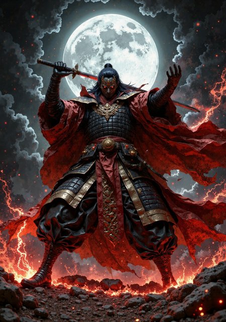 The image is a digital illustration depicting a Japanese swordsman in a battle dance with twin swords under a full moon. He is a stately man resembling a samurai in Japanese black armor, which is covered in red fabrics of a battle kimono. The fabrics are covered with intricate gold patterns that shimmer in the moonlight. His jaw is covered by half an oni mask, and his eyes radiate the cold of steel, reflecting his readiness to bring a quick and merciless death to his enemies. His hair is tied in a long black ponytail. He wields two katanas with red blades and his movements resemble an elegant sword dance. His dark silhouette is visible in front of a large full moon that has risen over the infernal landscape of the battlefield.

(((cinematic photo, volumetric lighting, cinematic lighting, aesthetic design, dramatic angle, dramatic framing, cinematic framing, posing at an angle, extremely sharp focus, unique artistic composition, hight reflection))), maximum image detail, maximum realistic rendering, strong reflection, glow, shining, intricate cinematic background, ((beautiful face, detailed eyes, natural emotions, anger, fullbody)), film, bokeh,, Astral Aura, {prompt}, astral, colorful aura, vibrant energy