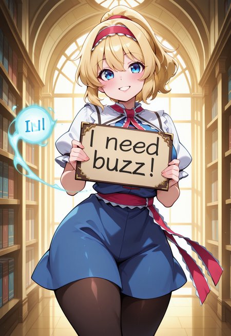absurdres, highres, masterpiece, best quality, amazing quality, official anime artwork, screencap, anime screencap, alice margatroid, 1girl, solo, blonde hair, blue eyes, long hair, thick hair, long bangs, ponytail, breasts, black pantyhose, grimoire of alice, smiling, happy, dancing, library, casting magic, large breasts, wide hips, tall, blush, swirling magic, thick thighs, wide hips, full lips, (need_buzz, holding sign), ((('I NEED BUZZ')))