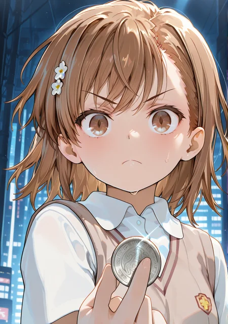 general,masterpiece,best quality,amazing quality,<lora:nanostyle:1>,nanostyle,
1girl,misaka mikoto,holding silver coin,